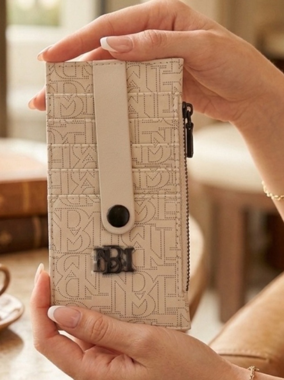 Badgley Mischka Slim Cream Monogram Leather Card Holder/Wallet